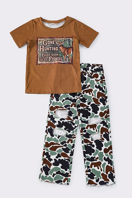 Baby Boys Brown Hunting Deer Shirt Top Camo Denim Jeans Pants Clothes Sets