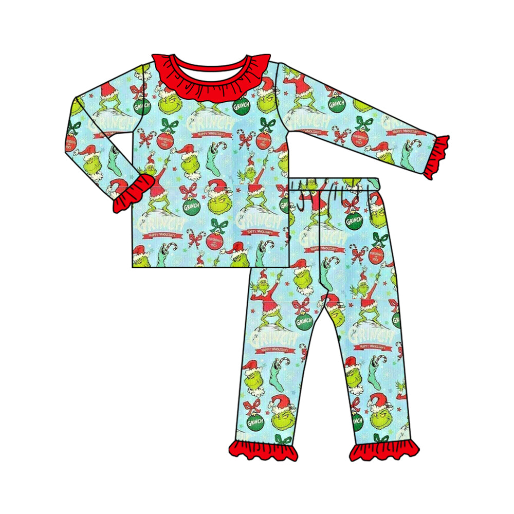 Preorder (moq 20)Baby Girls Bamboo Green Faces Bows Lights Christmas Ruffle Pajamas Sets