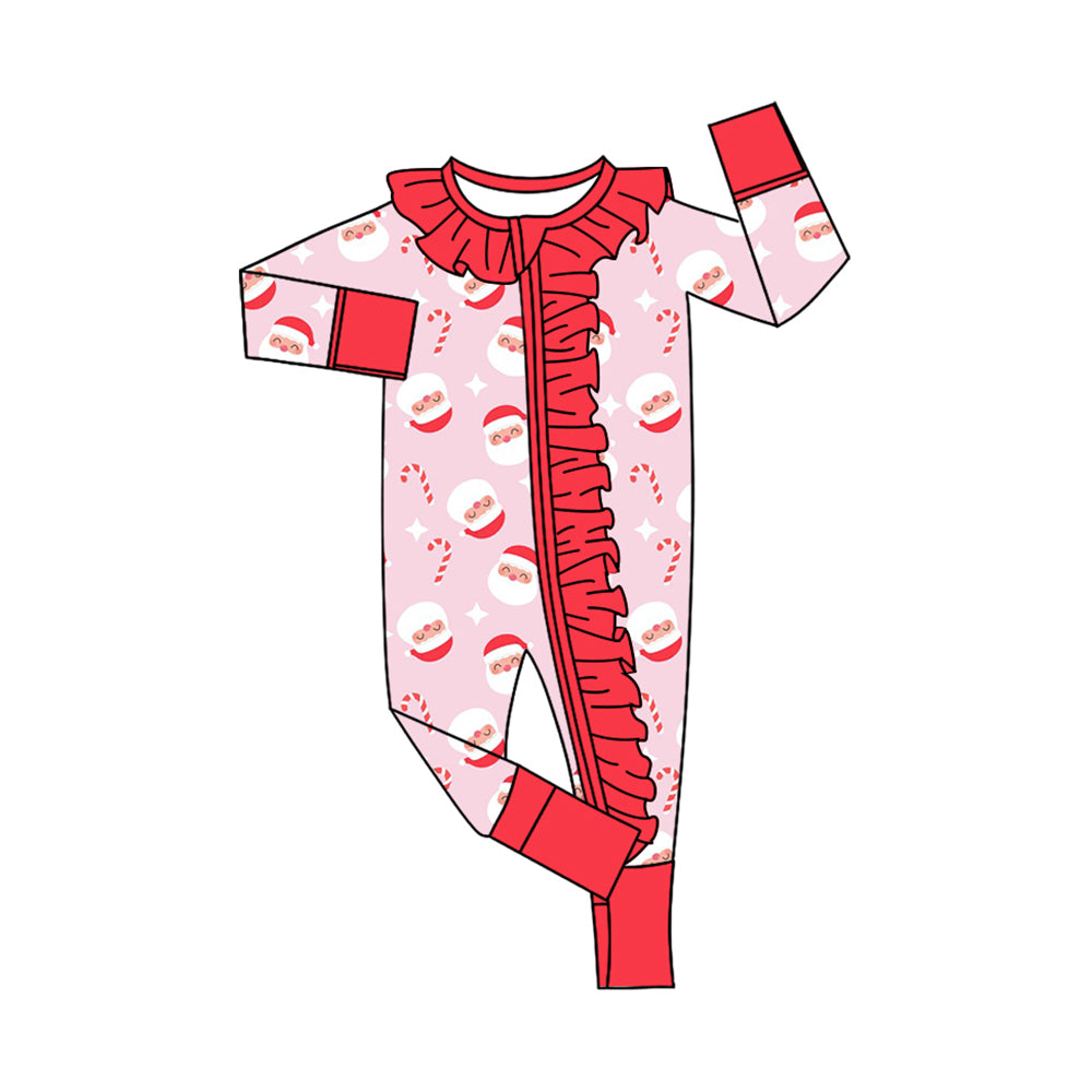 Preorder (moq 20)Baby Girls Bamboo Pink Santa Candy Cane Christmas Ruffle Zippy Footie Rompers