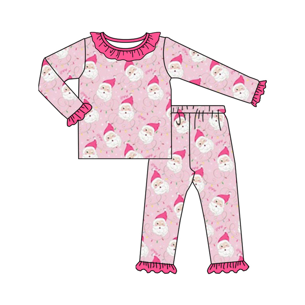 Preorder (moq 20)Baby Girls Bamboo Pink Santa Lights Christmas Ruffle Pajamas Sets