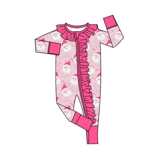 Preorder (moq 20)Baby Girls Bamboo Pink Santa Lights Christmas Ruffle Zippy Footie Rompers