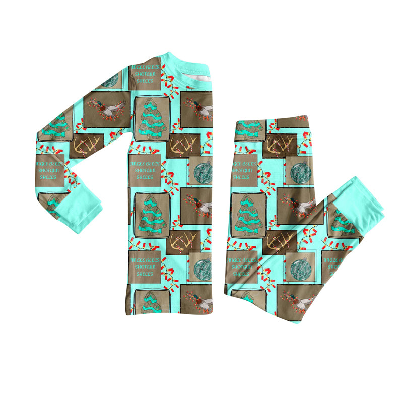 Preorder (moq 20)Baby Boys Bamboo Aqua Lights Trees Deer Christmas Pajamas Sets