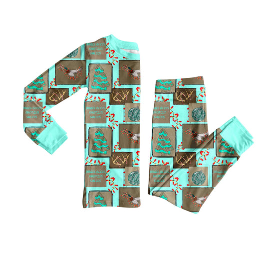 Preorder (moq 20)Baby Boys Bamboo Aqua Lights Trees Deer Christmas Pajamas Sets