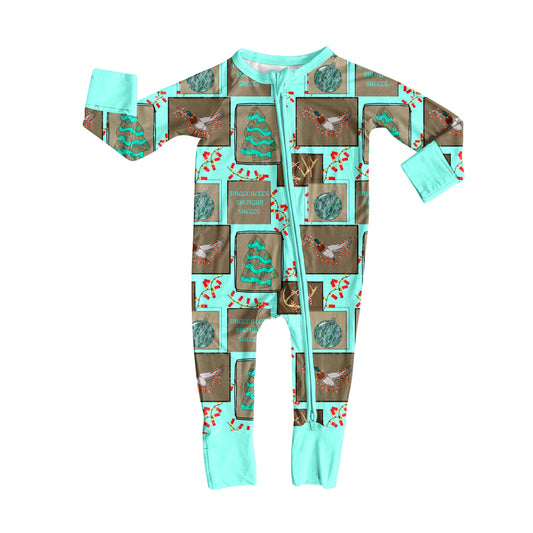 Preorder (moq 20)Baby Boys Bamboo Aqua Lights Trees Deer Christmas Zippy Footie Rompers