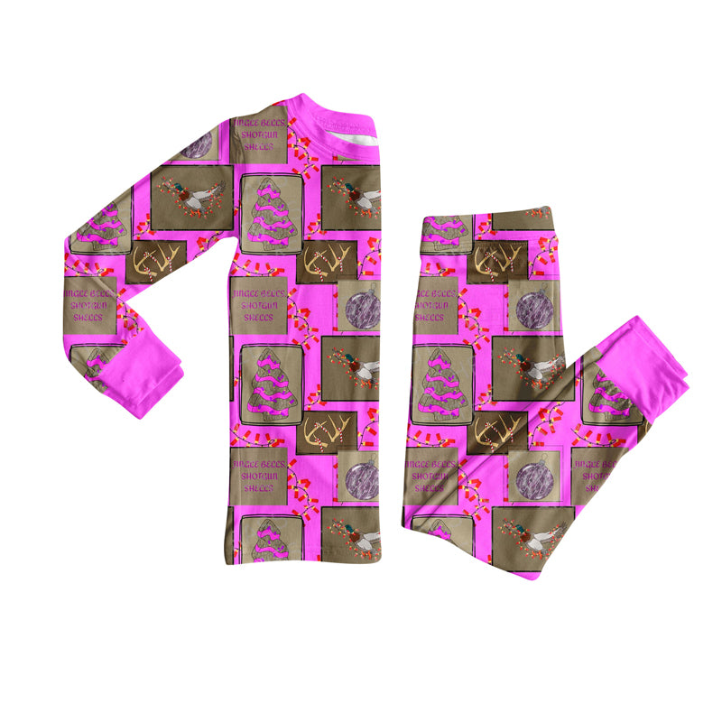 Preorder (moq 20)Baby Girls Bamboo Hot Pink Lights Trees Deer Christmas Pajamas Sets