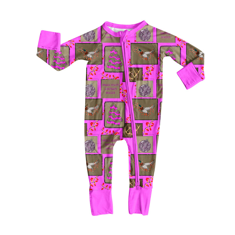 Preorder (moq 20)Baby Girls Bamboo Hot Pink Lights Trees Deer Christmas Zippy Footie Rompers