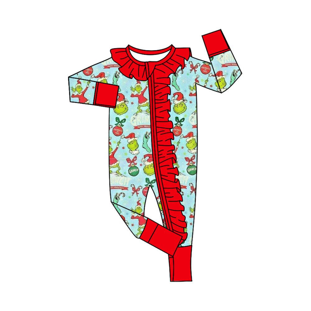 Preorder (moq 20)Baby Girls Bamboo Green Faces Bows Lights Christmas Ruffle Zippy Footie Rompers