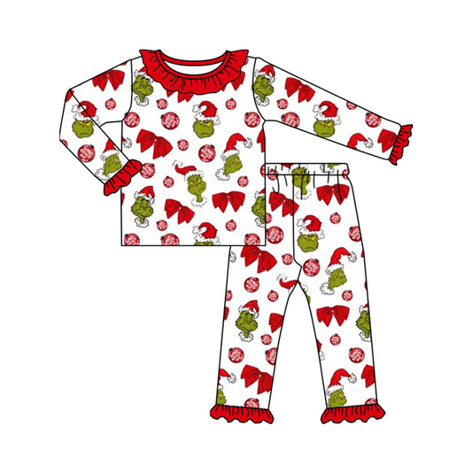 Preorder (moq 20)Baby Girls Bamboo Green Faces Bows Lights Christmas Ruffle Pajamas Sets