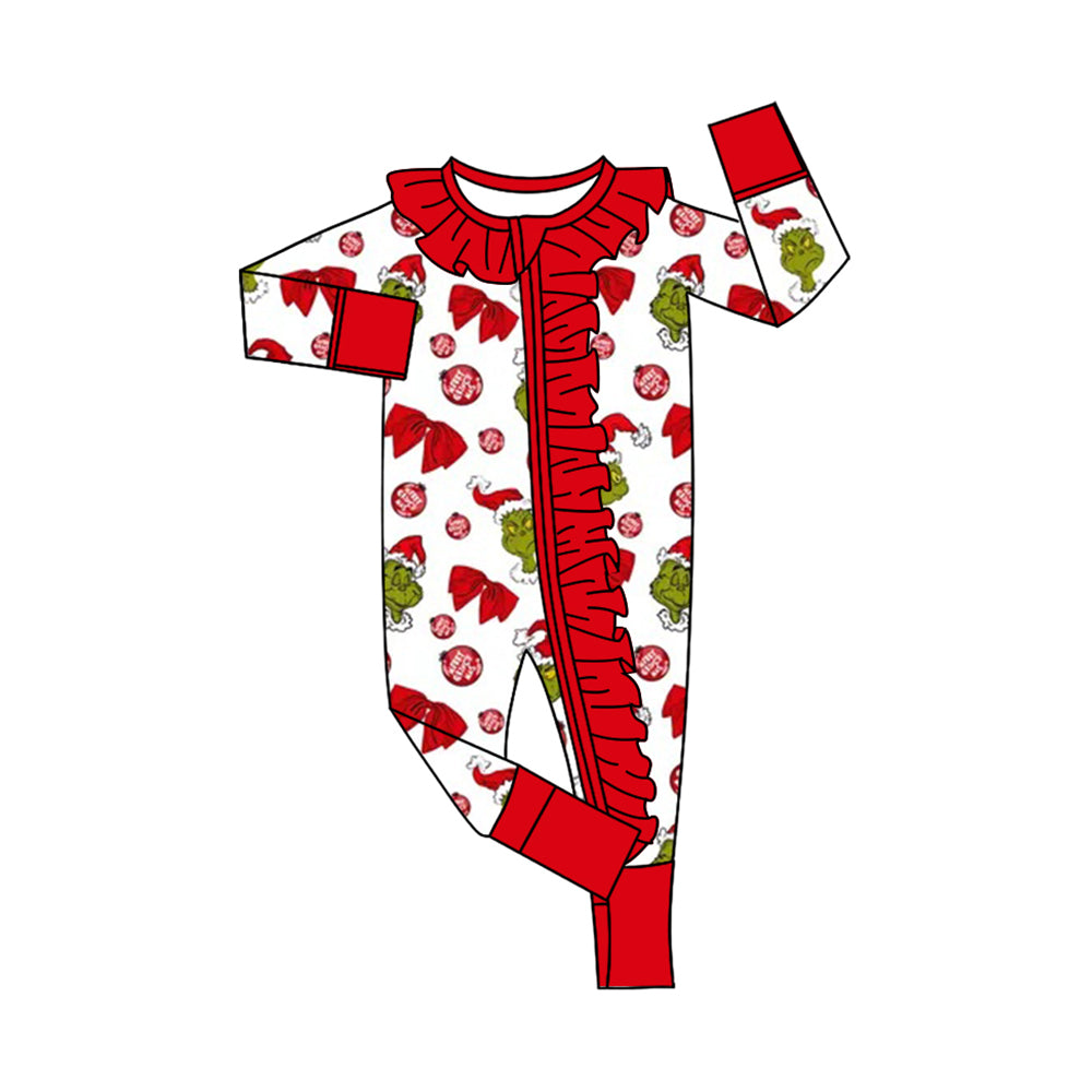 Preorder (moq 20)Baby Girls Bamboo Green Faces Bows Lights Christmas Ruffle Zippy Footie Rompers