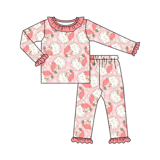 Preorder (moq 20)Baby Girls Bamboo Peach Santa Snowflake Christmas Ruffle Pajamas Sets