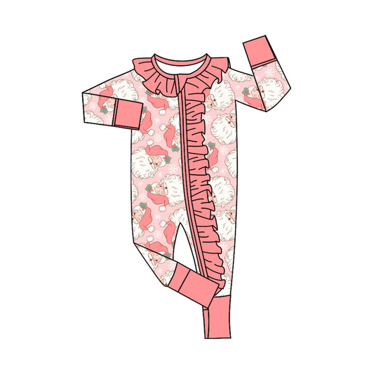 Preorder (moq 20)Baby Girls Bamboo Peach Santa Snowflake Christmas Ruffle Zippy Footie Rompers