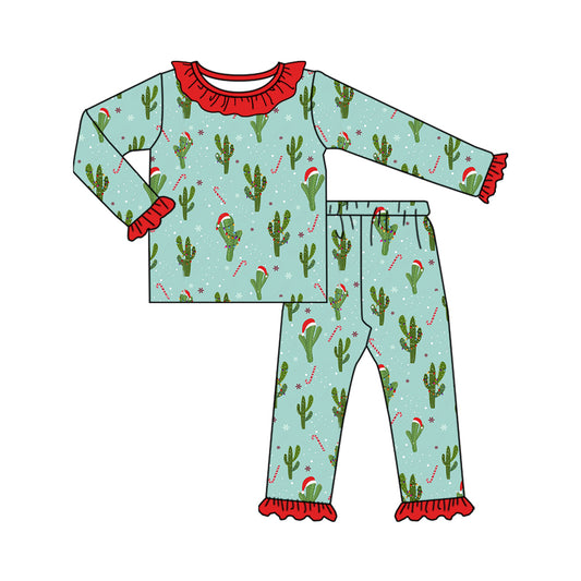 Preorder (moq 20)Baby Girls Bamboo Cactus Candy Cane Christmas Ruffle Pajamas Sets