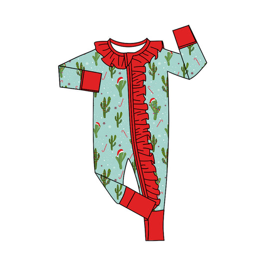 Preorder (moq 20)Baby Girls Bamboo Cactus Candy Cane Christmas Ruffle Zippy Footie Rompers