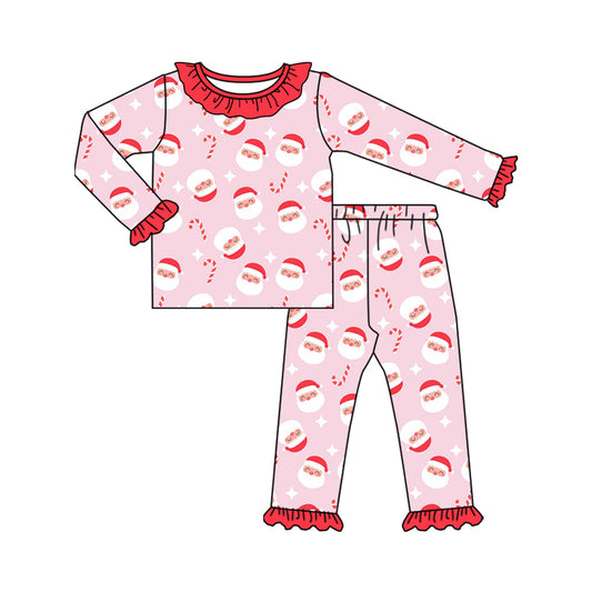 Preorder (moq 20)Baby Girls Bamboo Pink Santa Candy Cane Christmas Ruffle Pajamas Sets