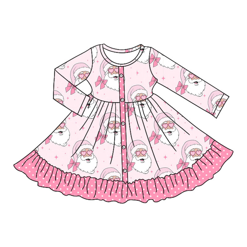 Preorder moq 5 Baby Girls Pink Long Sleeves Bows Santa Button Ruffle Knee Length Dresses