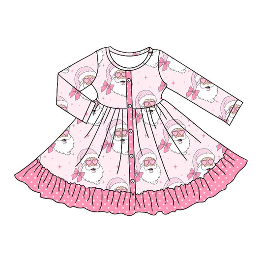 Preorder moq 5 Baby Girls Pink Long Sleeves Bows Santa Button Ruffle Knee Length Dresses