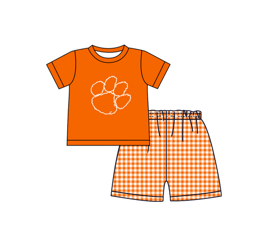 Preorder (moq 5)Baby Boys Orange Short Sleeve Pawl Top Checked Short Team Clothes Sets