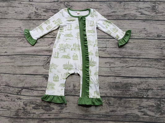 Preorder moq 5 Baby Girls Long Ruffle Sleeves Castle Zipper Pant Rompers