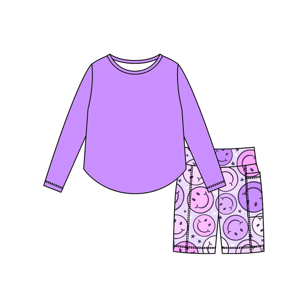 Preorder (moq 5)Baby Girls Long Sleeve Purple Top Smile Shorts Clothes Sets