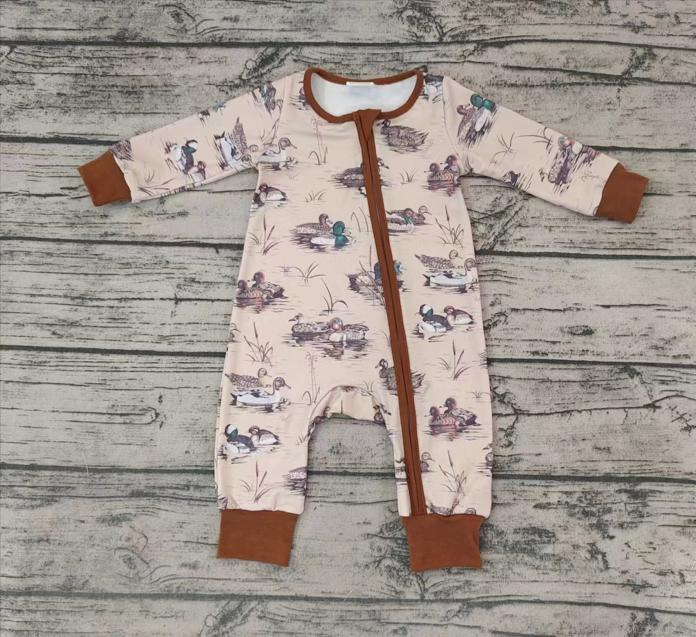 Baby Boys Fall Grey Duck Long Sleeve Zip Rompers