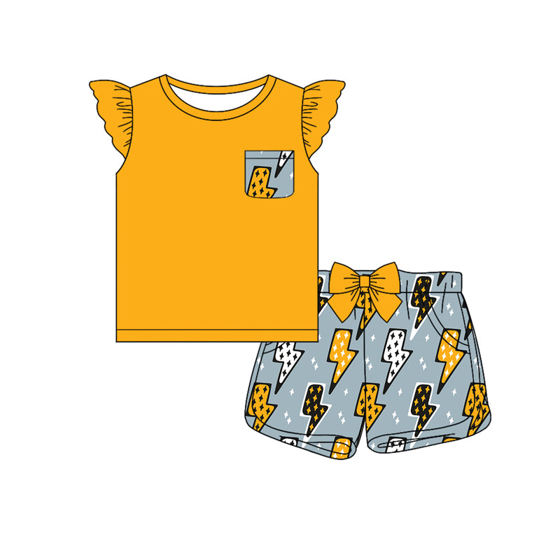 Preorder (moq 5)Baby Girls Pocket Tee Top Western Light Shorts Clothes Sets