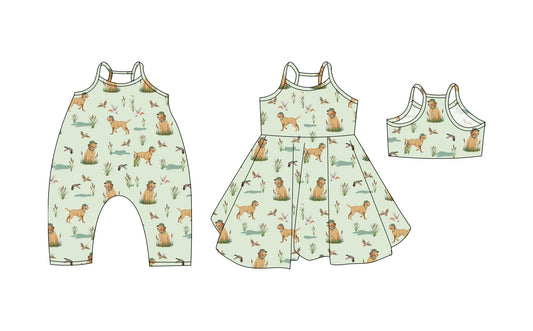 Preorder moq 5 Custom Baby Girls Green Strap Dogs Ducks Knee Length Dresses Romper
