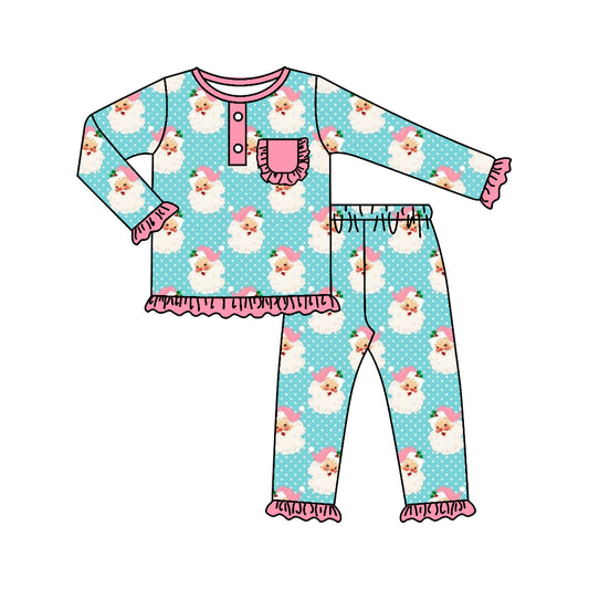 Baby Girls Christmas Blud Santas Pocket Shirts Pants Pajamas Preorder(moq 5)