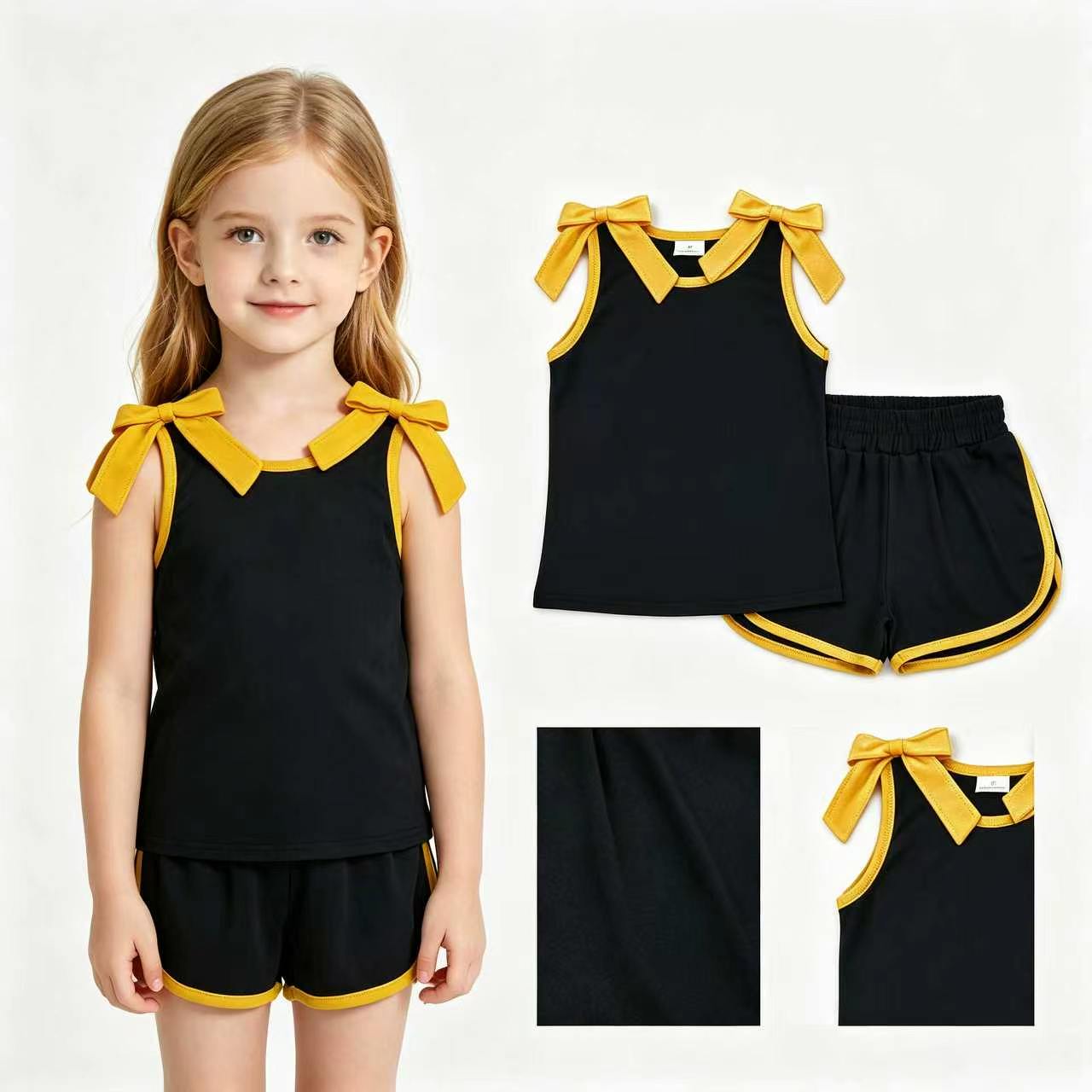 Baby Girls Black Gold Bows Sleeveless Top Short Clothes Sets