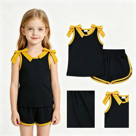 Baby Girls Black Gold Bows Sleeveless Top Short Clothes Sets