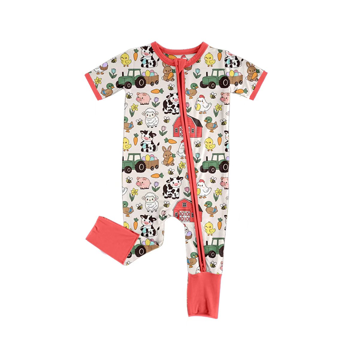 Preorder(moq5)  Cute Newborn Short Sleeve Round Neck Zipper Romper Footless