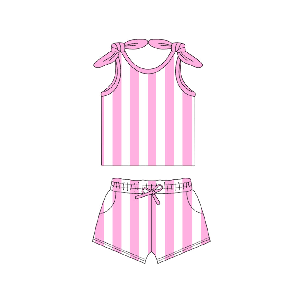 Preorder (moq 5)Baby Girls Pink Bows Strap Stripe Top Pockets Short Set