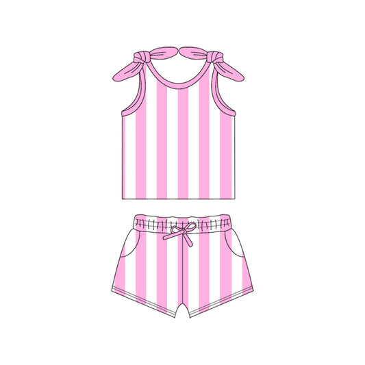 Preorder (moq 5)Baby Girls Pink Bows Strap Stripe Top Pockets Short Set