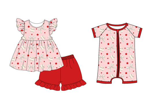 Preorder moq 5 Custom Baby Kids Red  Bowbaseballs Stars Tunic Ruffle Short Set Zipper Rompers