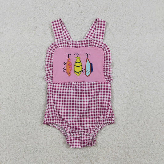 Embroidery Fishing Baby Girls Pink Checked Strap Checked Hunting Ruffle Rompers
