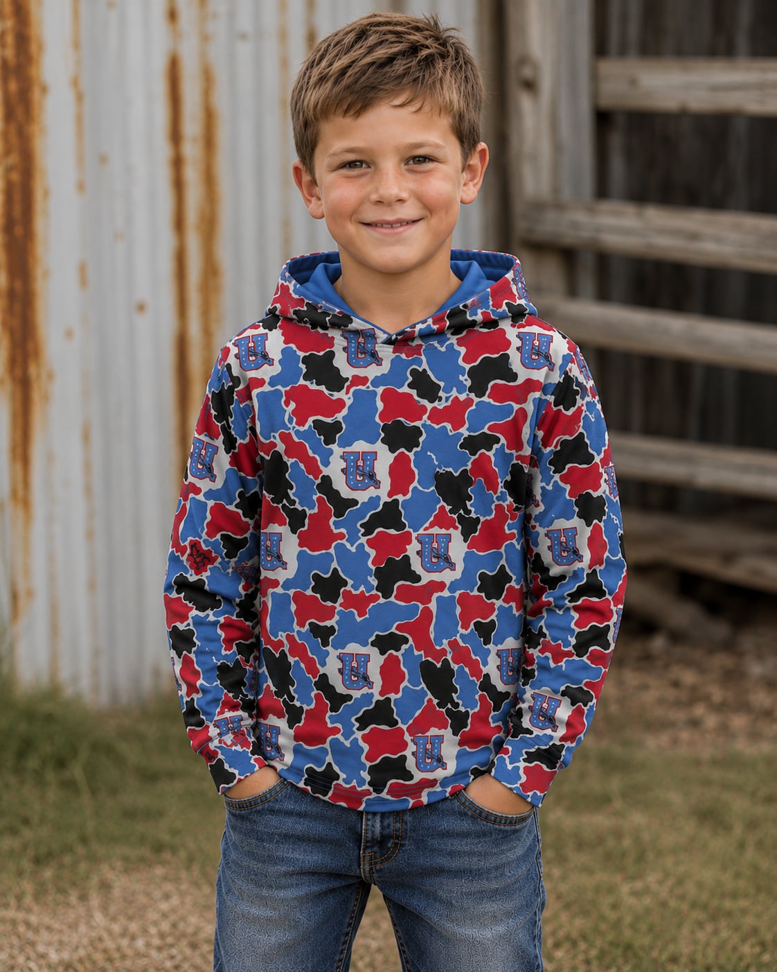 Preorder (moq 5)Baby Boys Long Sleeve Blue Red Brave Camo Team Hoodies Top