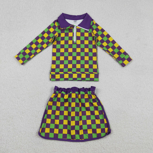 Baby Girls Mardigras Checked Zipper Pullovers Skirt Shorts Yoga Clothes Set