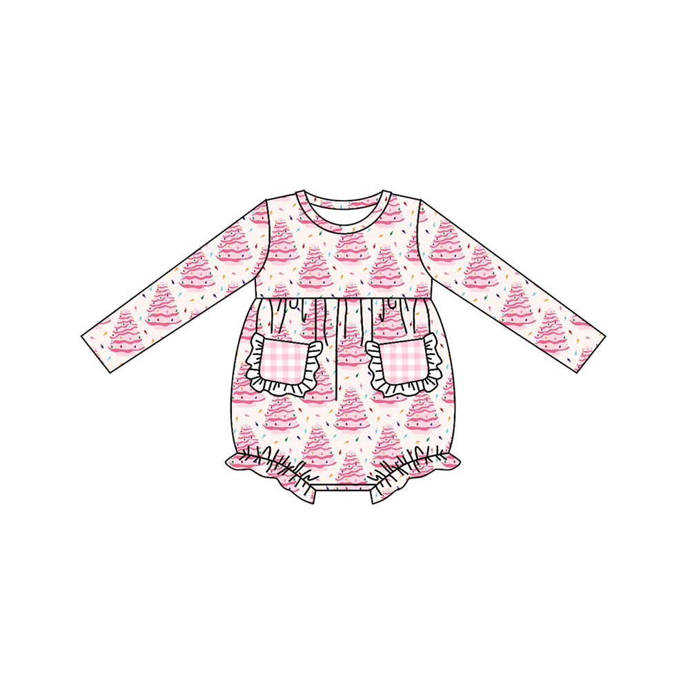 Baby Infant Girls Christmas Pink Tree Pockets Rompers preorder(moq 5)