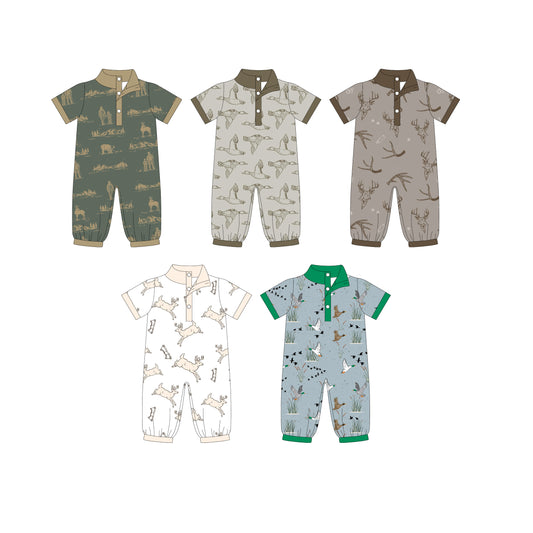 Preorder moq 5 (each item)Baby Boys Short Sleeve Ducks Deer Button Hunting Footie Rompers