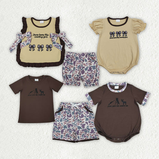 Sibling Baby Embroidery Country Kids Jesus Love Me Camo Shorts Clothes Sets Rompers