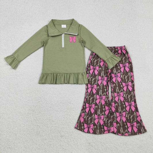 Embroidery Bows Baby Girls Zip Pullovers Olive Camo Flare Pants Valentines Clothes Set