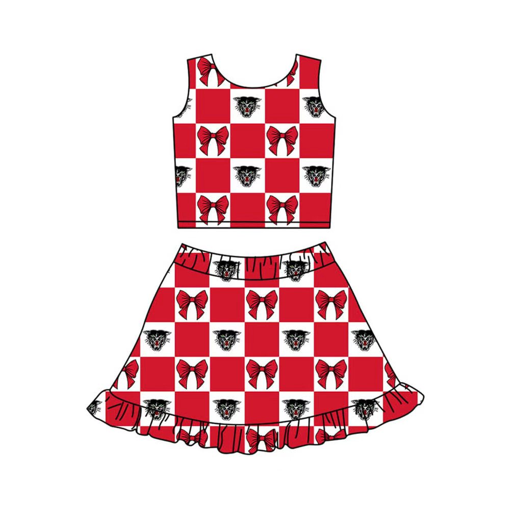 Preorder (moq 5)Baby Girls Red Bows Bearcat Checked Vest Ruffle Skirt Short Team Clothes Sets
