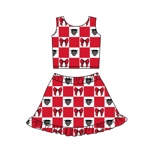 Preorder (moq 5)Baby Girls Red Bows Bearcat Checked Vest Ruffle Skirt Short Team Clothes Sets