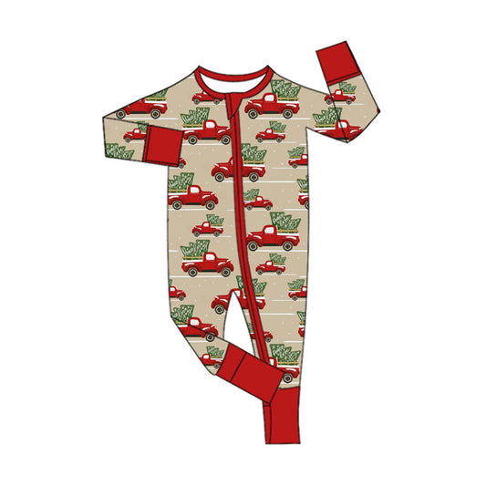 Preorder (moq 20)Baby Dogs Bamboo Red Trucks Trees Christmas Zippy Footie Rompers