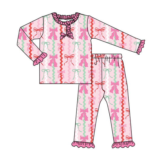 Preorder (moq 20)Baby Girls Bamboo Pink Green Bows Stripe Christmas Ruffle Pajamas Sets