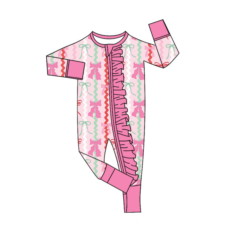 Preorder (moq 20)Baby Girls Bamboo Pink Green Bows Stripe Christmas Ruffle Zippy Footie Rompers