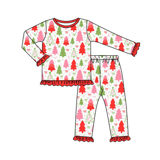 Preorder (moq 20)Baby Girls Bamboo Pink Green Trees Bows Christmas Ruffle Pajamas Sets
