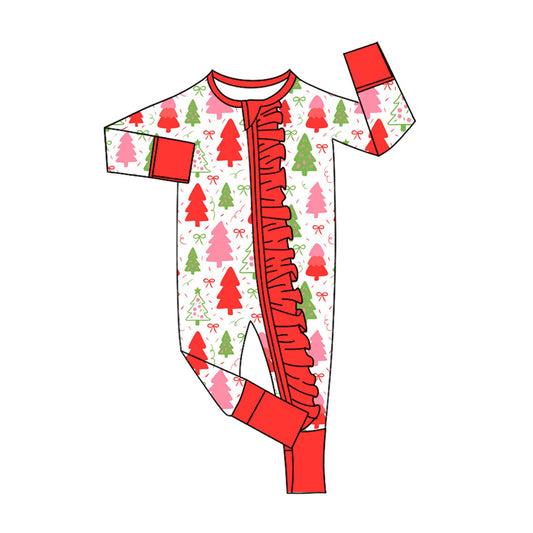 Preorder (moq 20)Baby Girls Bamboo Pink Green Trees Bows Christmas Ruffle Zippy Footie Rompers