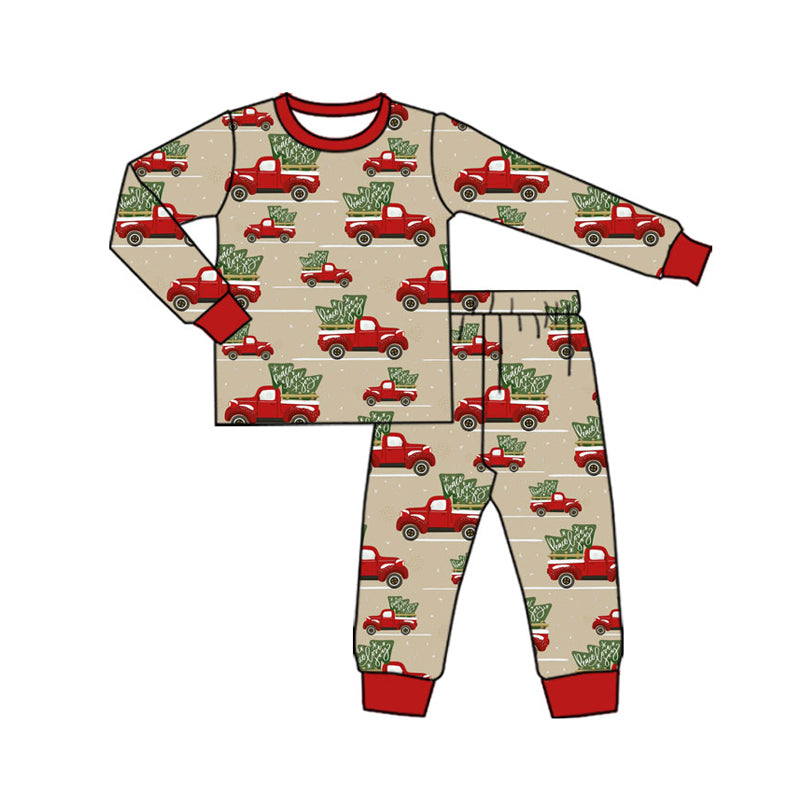 Preorder (moq 20)Baby Boys Bamboo Red Trucks Trees Christmas Pajamas Sets