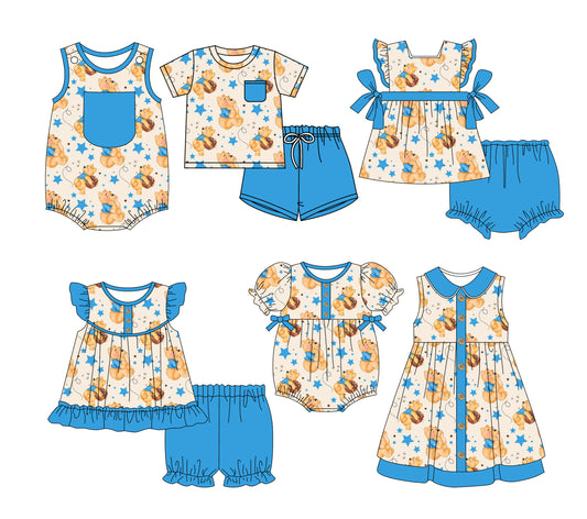 Preorder moq 5 Custom Baby Kids Blue Pocket Button Bears Stars Top Short Bummies Sets Dresses And Rompers