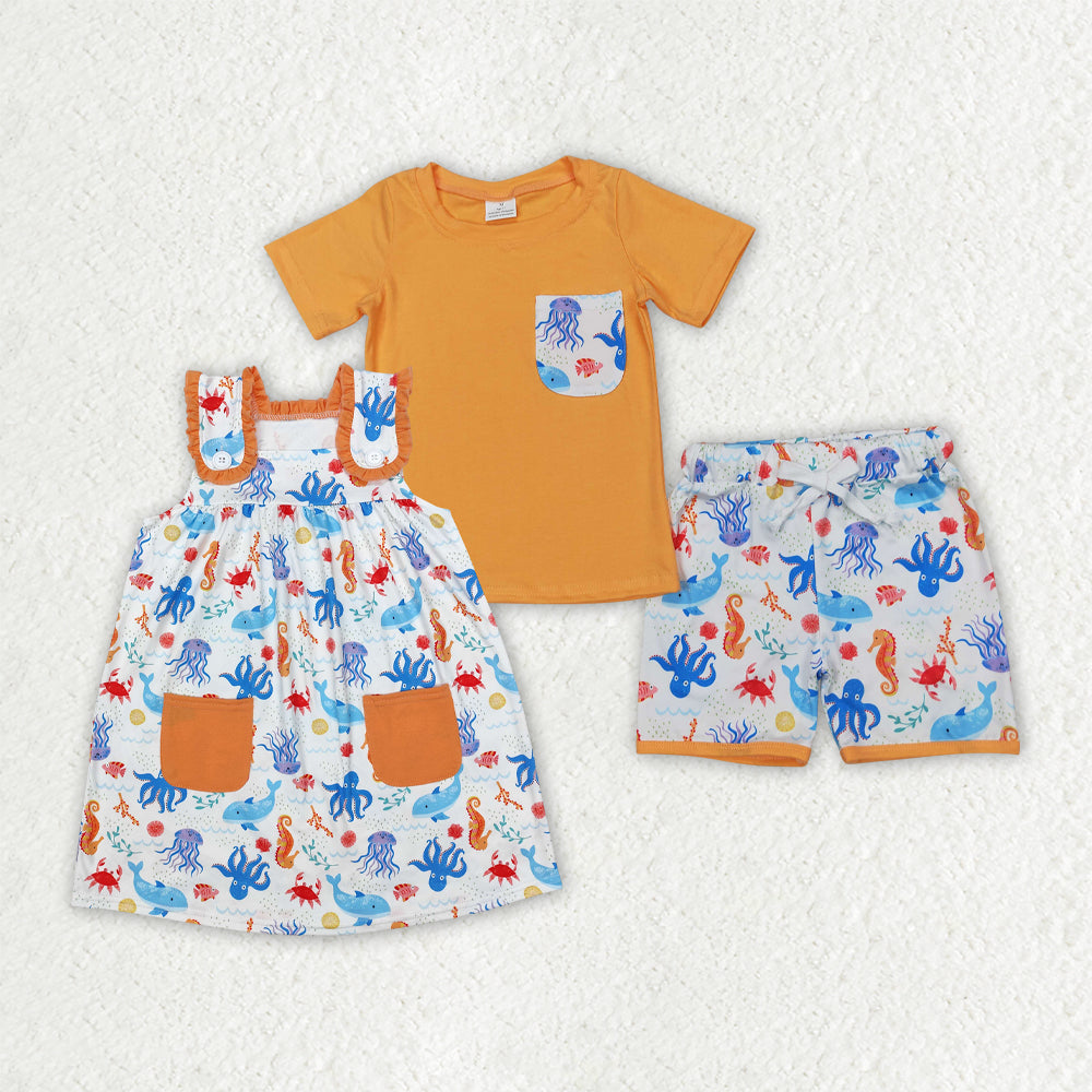 Sibling Baby Kids Orange Pocket Top Sea Animals Shorts Clothes Sets Knee Length Dresses